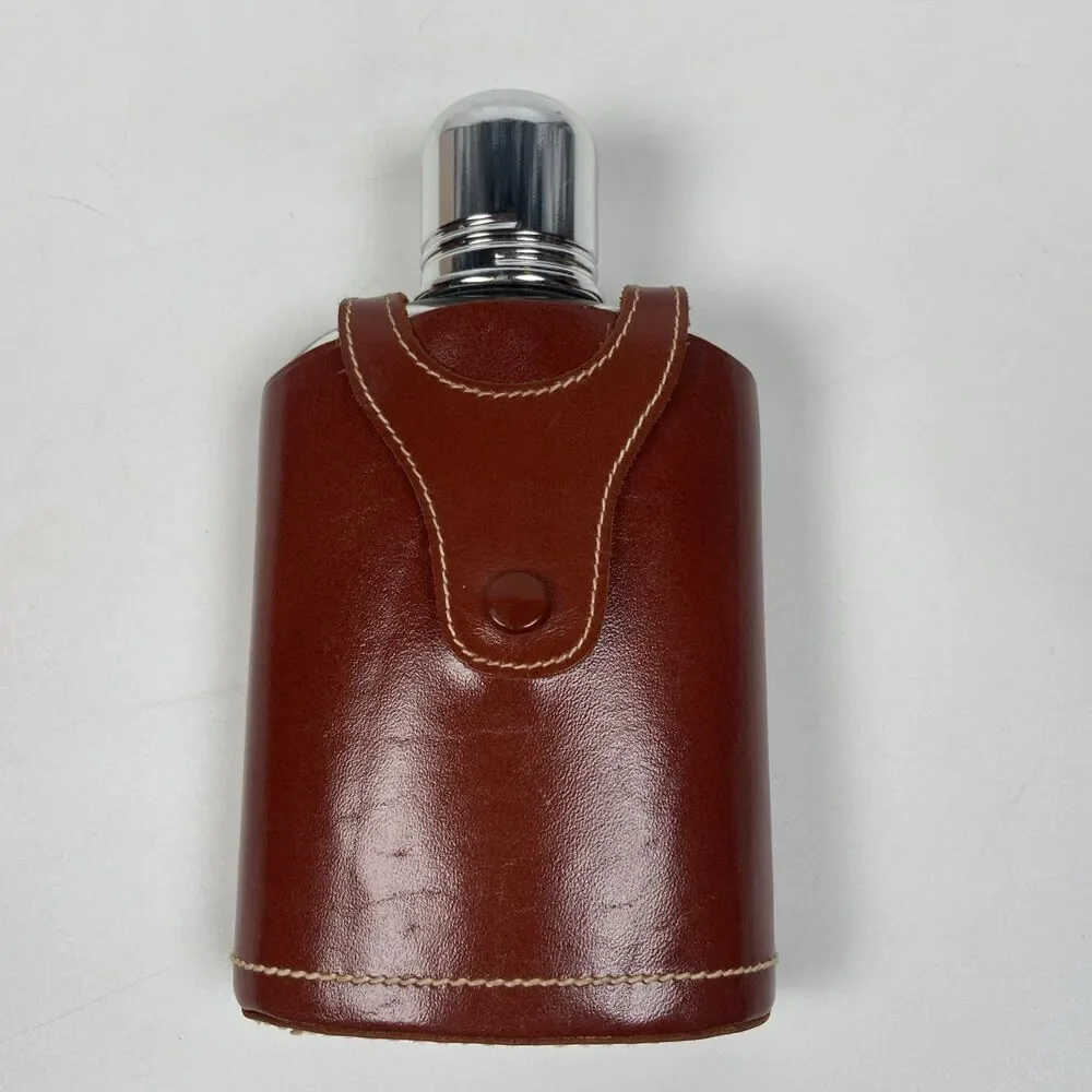 Vintage Glass Hip Flask With Leather Case And Silver Tone Hardware